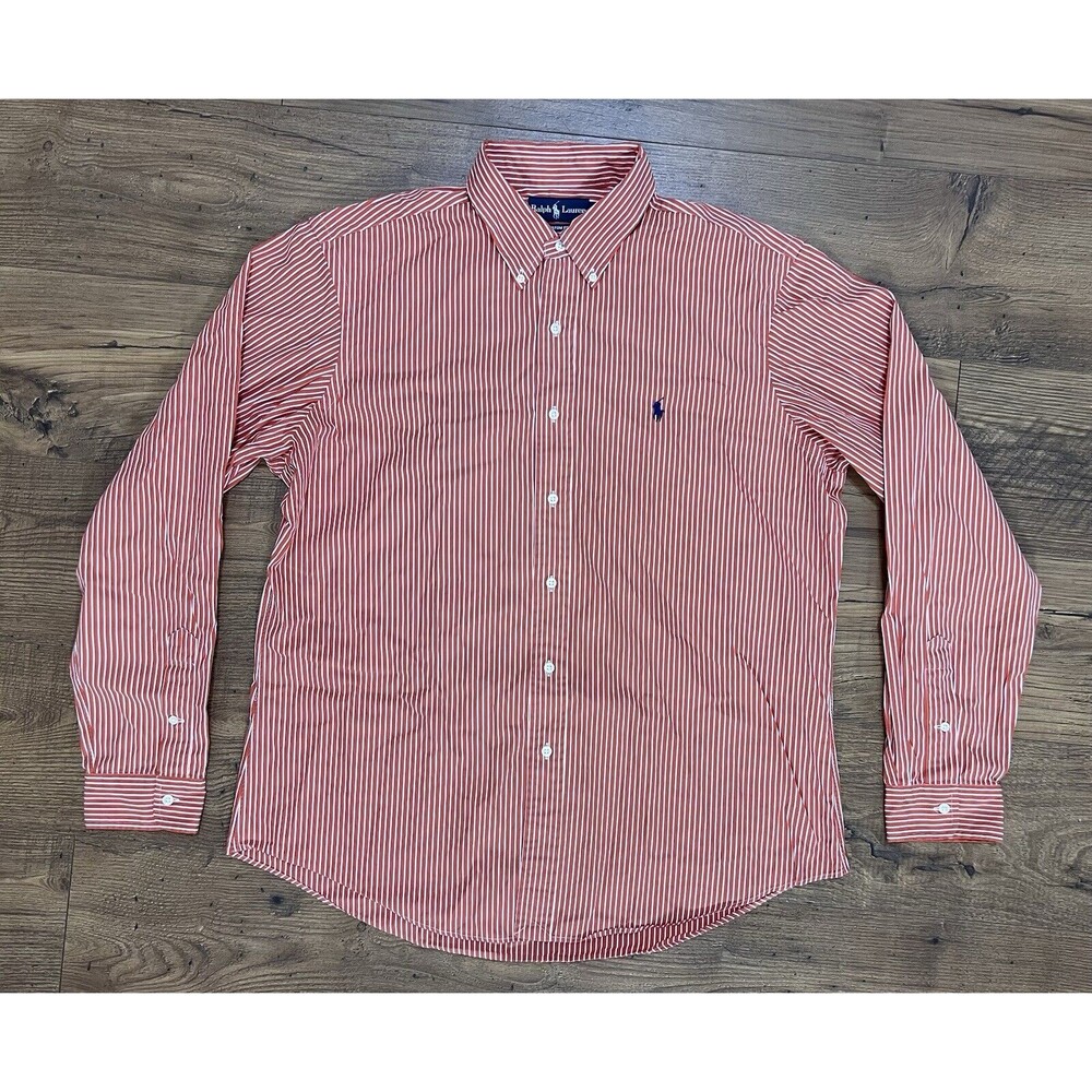 Vintage Ralph Lauren Button Shirt Mens XL Striped Orange White Custom Fit 80s